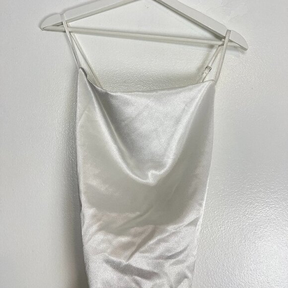 NICHOLE LYNEL Feather Trim Satin Body-Con Dress in White Size Small - Picture 4 of 12